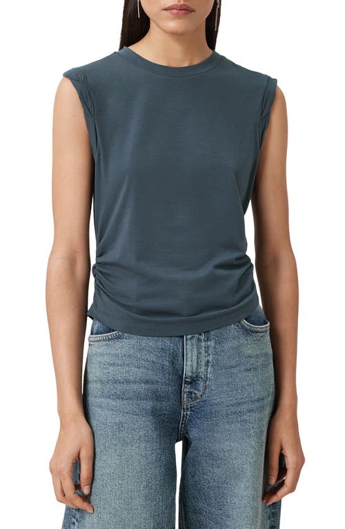 Allsaints Womens Dark Slate Blu West Ruched Stretch Cotton-blend Top In Gray