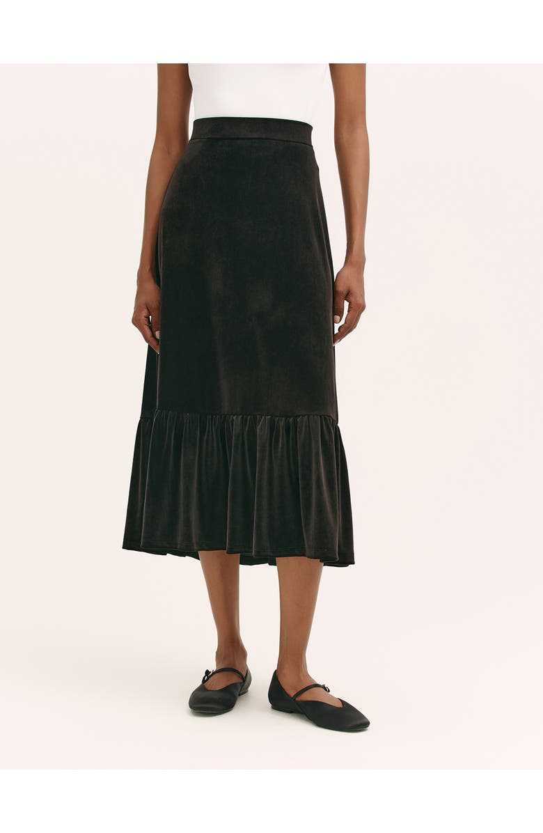 Finery London Joline Velvet Tiered Midi Skirt, Main, color, Black