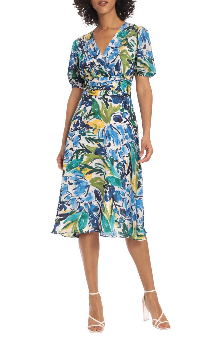 Maggy London Puff Sleeve Floral Midi Dress, Main, color,