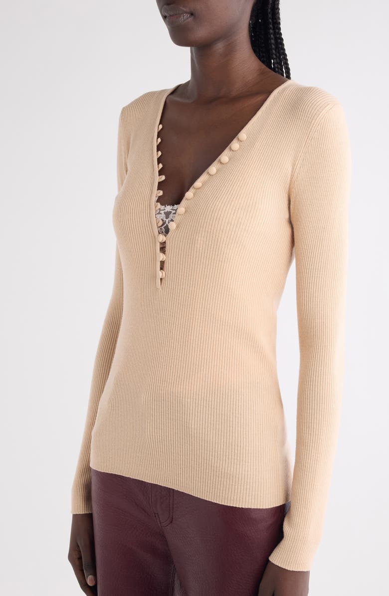 Chloé Fitted Wool Rib Henley Sweater, Alternate, color, 6I6 Honey Pink
