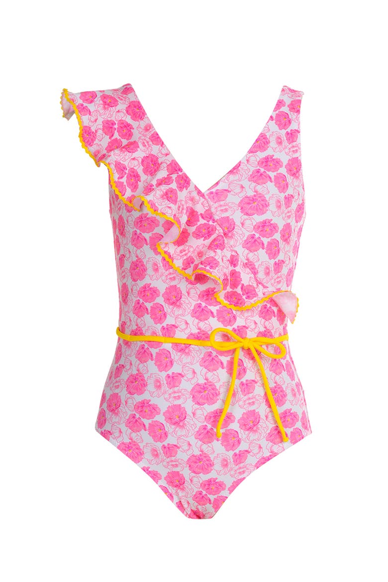 Asymmetrical Ruffle Flower Print with Yellow Belt One-Piece Swimsuit, Main, color, Pink