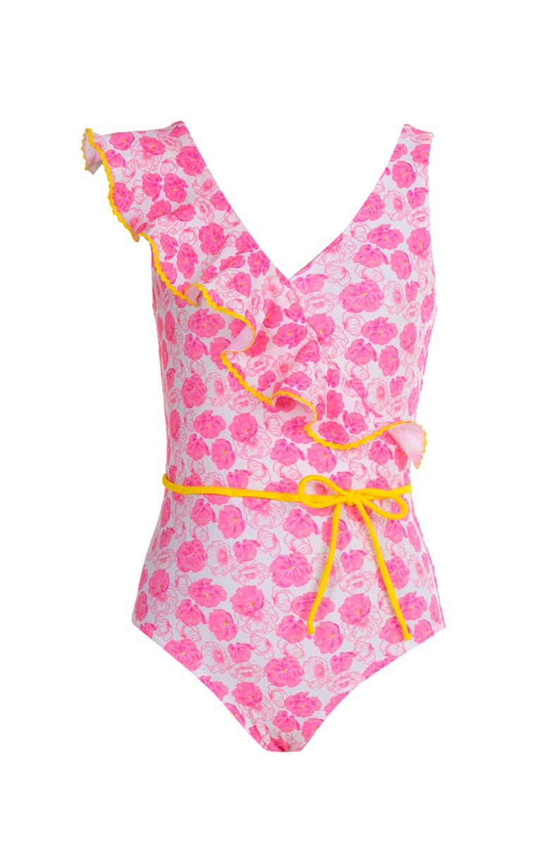 NESSI BYRD Asymmetrical Ruffle Flower Print with Yellow Belt One-Piece Swimsuit, Main, color, Pink