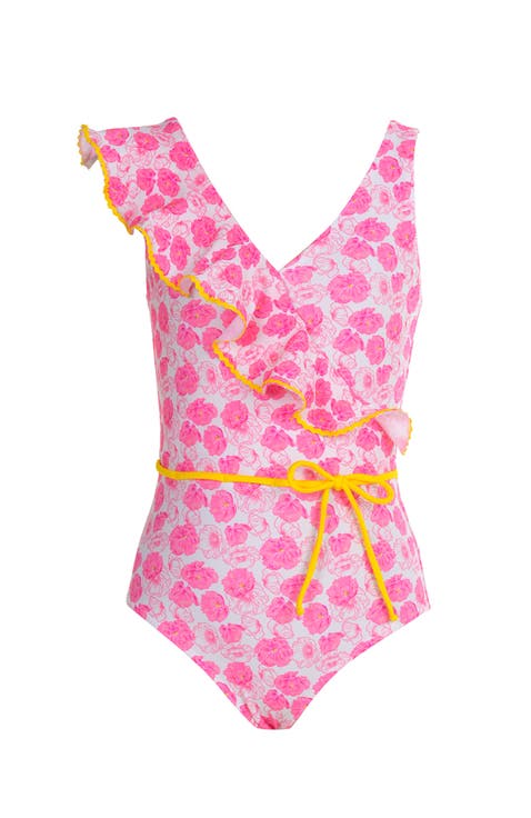 Asymmetrical Ruffle Flower Print with Yellow Belt One-Piece Swimsuit