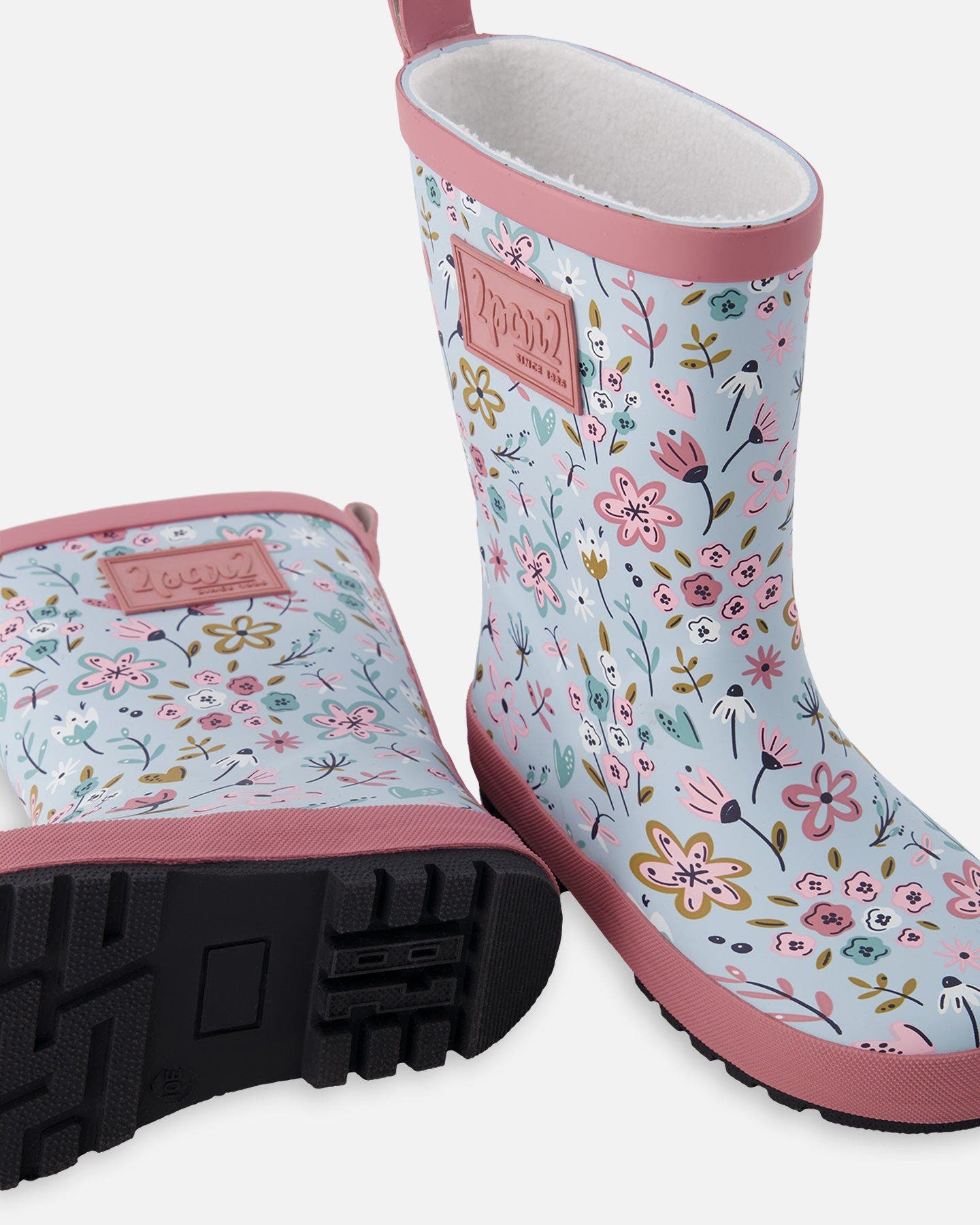 Deux par Deux Waterproof Mini Flower Rain Boots in Natural Rubber, Alternate, color, Blue Mini Flower Print