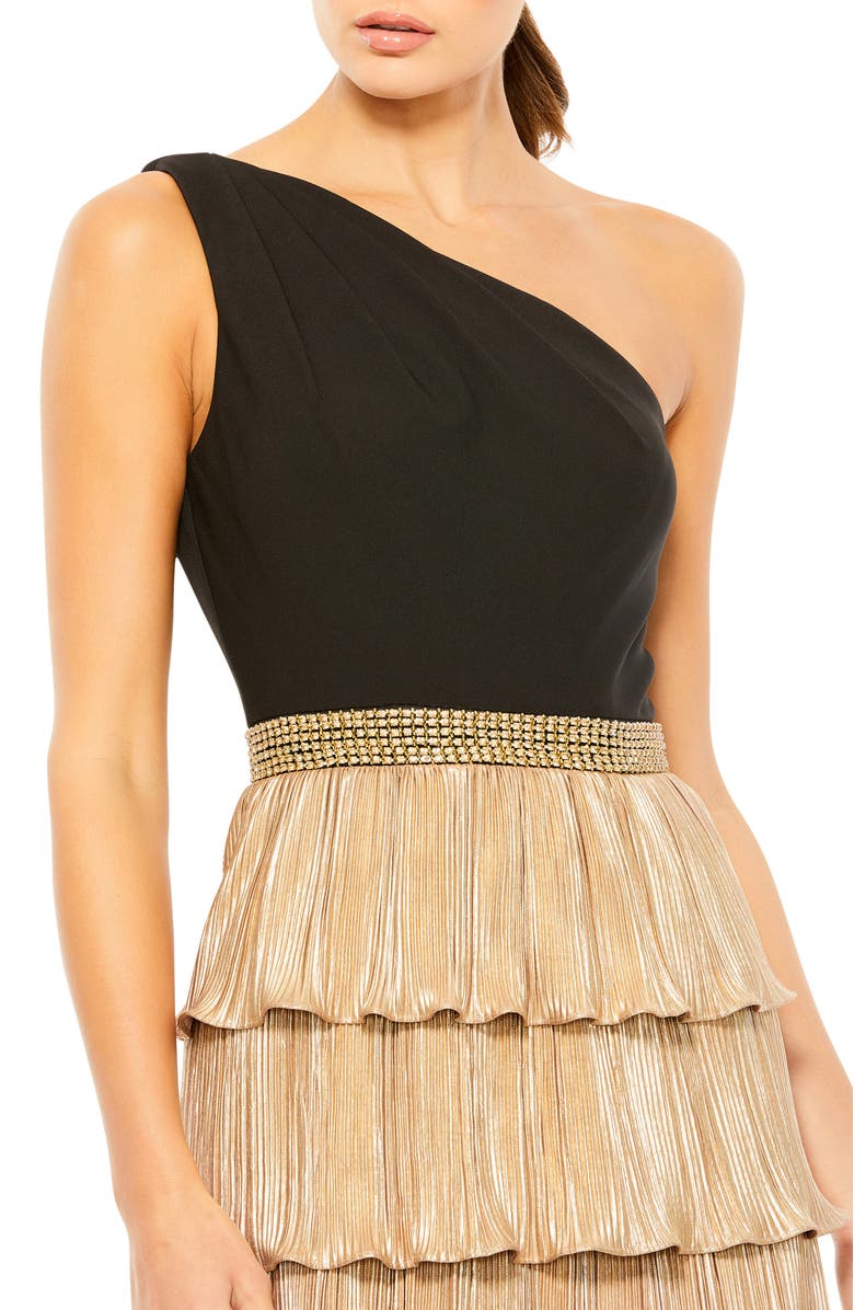 Mac Duggal Women's Metallic One Shoulder Ruffle Tiered A Line Gown, Alternate, color, Black Gold