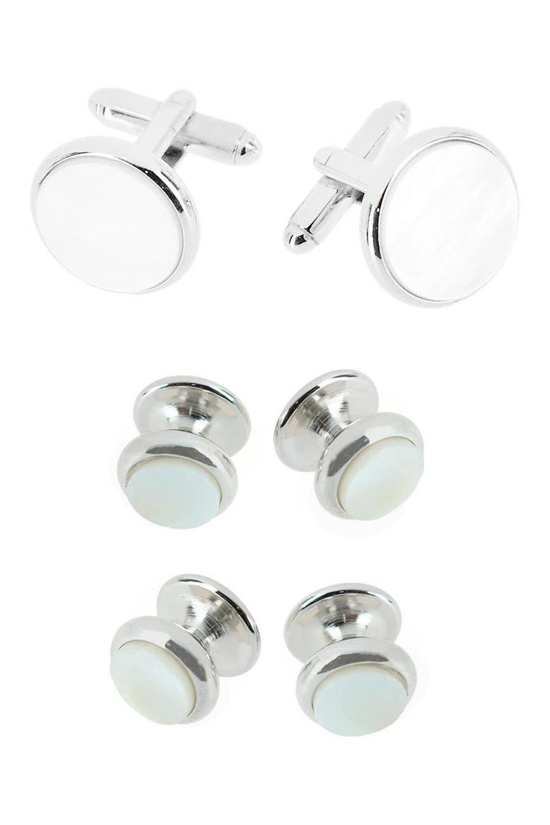 Sutton Mother of Pearl Cuff Link & Stud Set, Main, color, RHODIUM WITH MOTHER OF PEARL