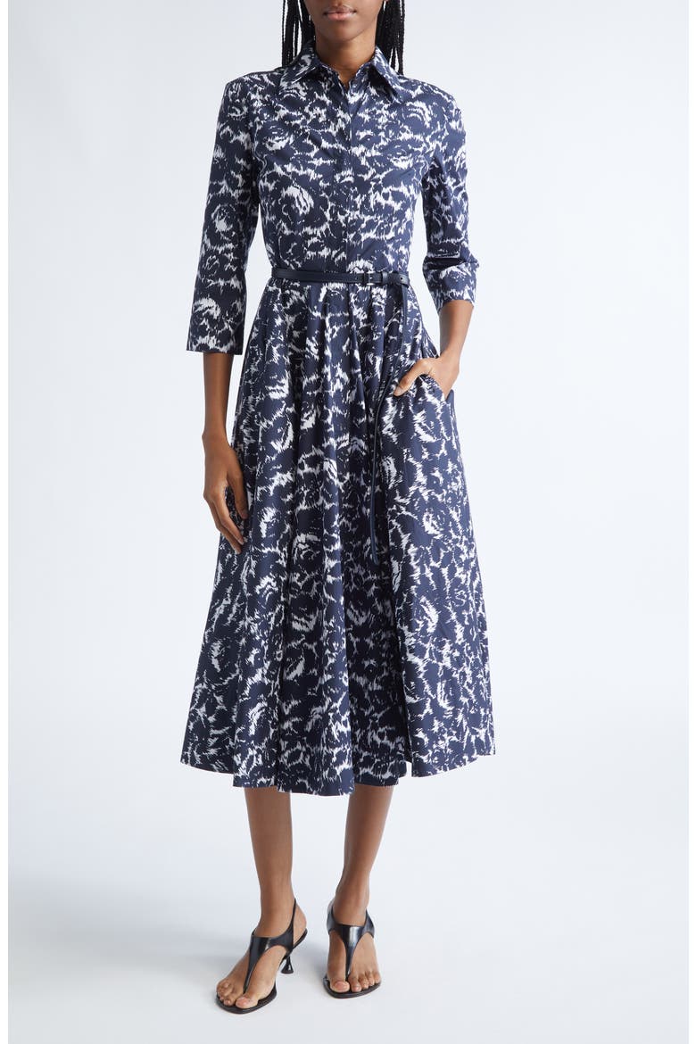 Graphic Floral Chiné Belted Cotton Poplin Shirtdress, Main, color, MIDNIGHT/ OPTIC WHITE
