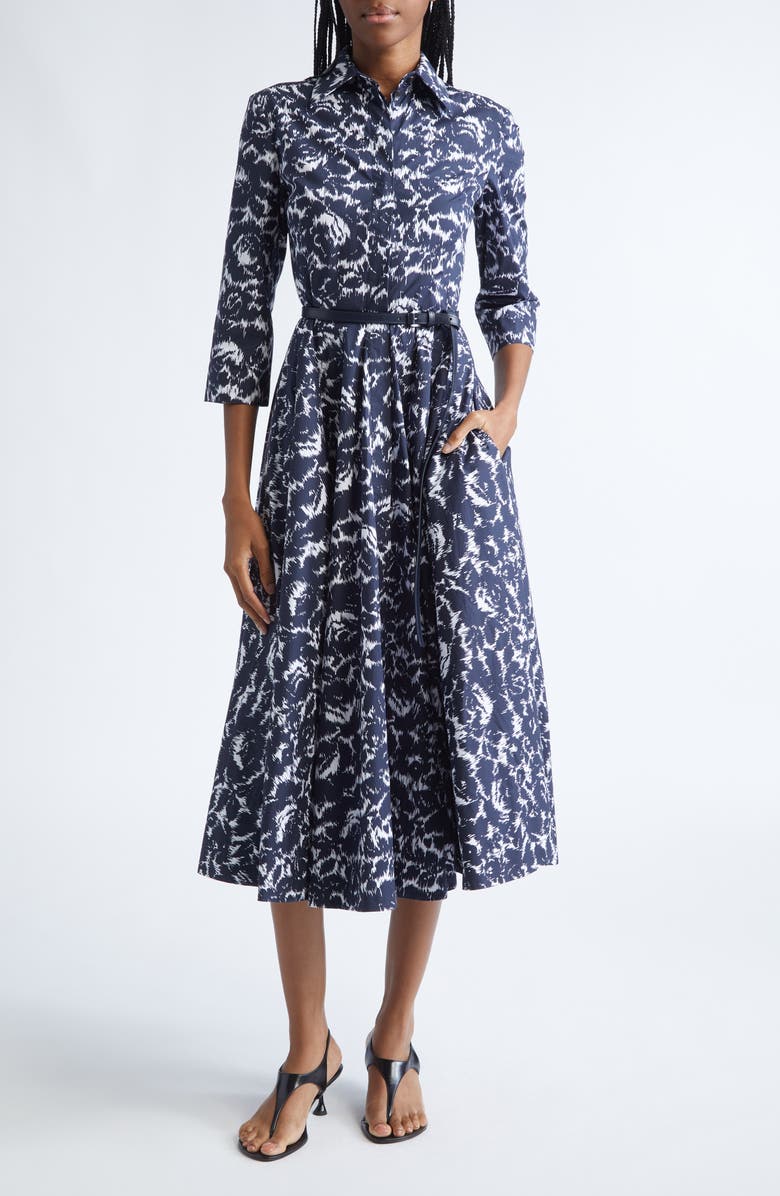 Michael Kors Collection Graphic Floral Chiné Belted Cotton Poplin Shirtdress, Main, color, Midnight/ Optic White