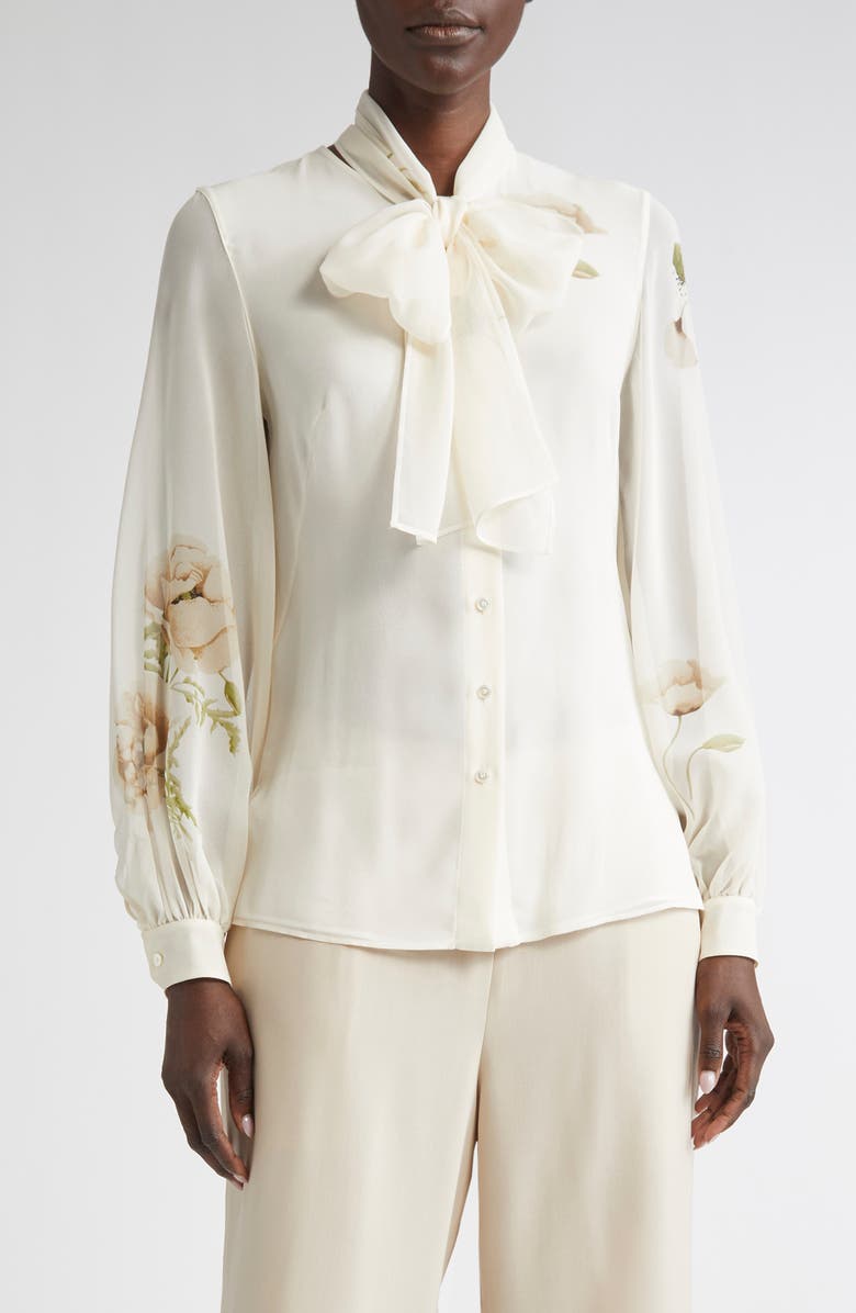 Akris Anemone Print Silk Georgette Tie Neck Shirt, Main, color, Greige-Ecru