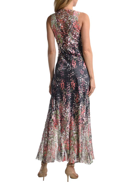 Komarov Floral Border Long Dress With Lace Up Back Detail In Multi