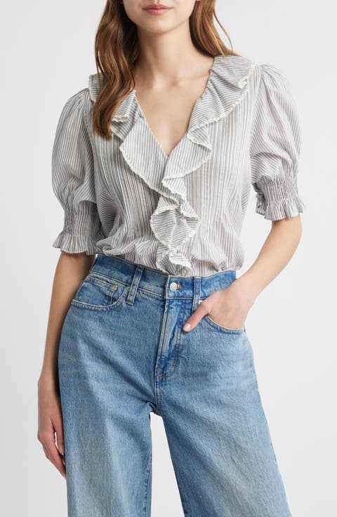 White And Beige Linen-blend Striped V-neck T-Shirt