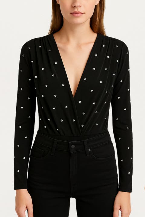 Embellished V-Neck Long-Sleeve Bodysuit