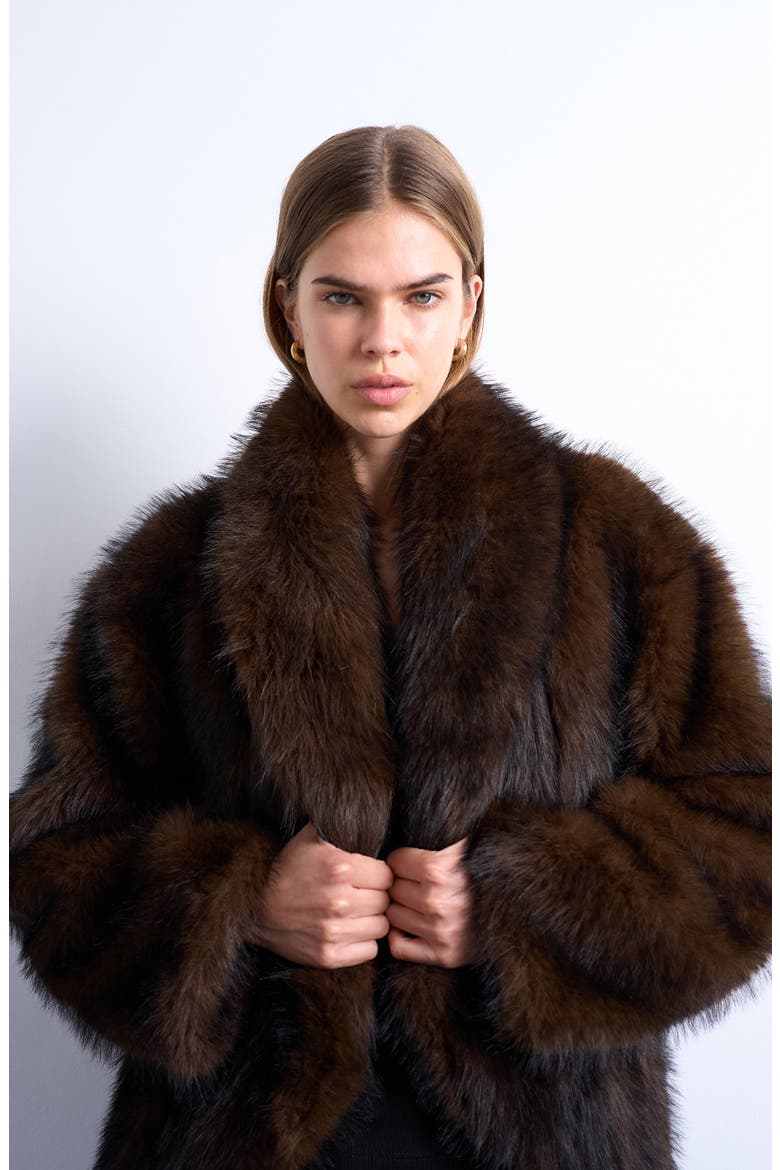 Faux Fur Shawl Collar Coat, Alternate, color, BROWN