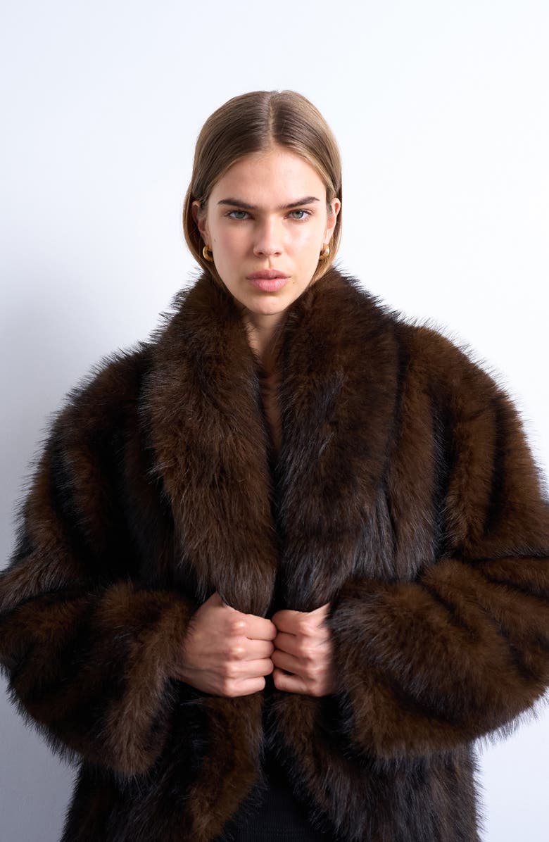Topshop Faux Fur Shawl Collar Coat, Alternate, color, Brown