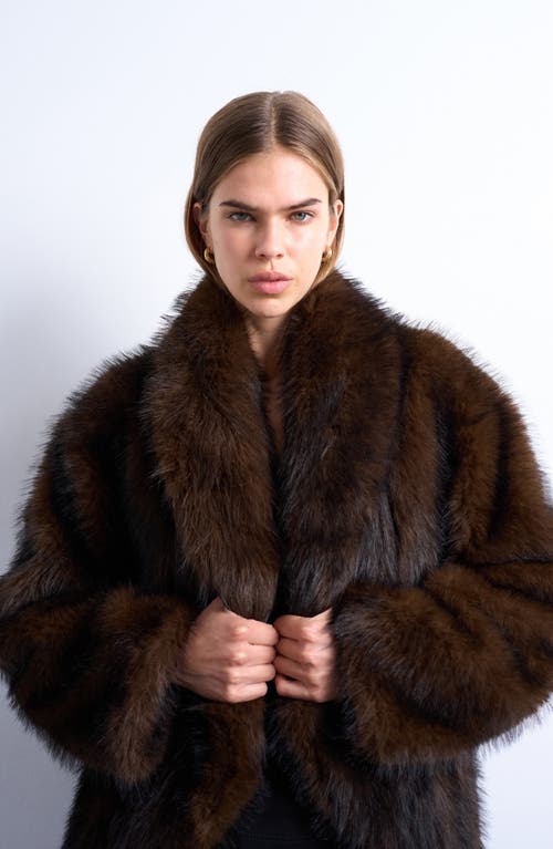 Topshop Faux Fur Shawl Collar Coat In Brown