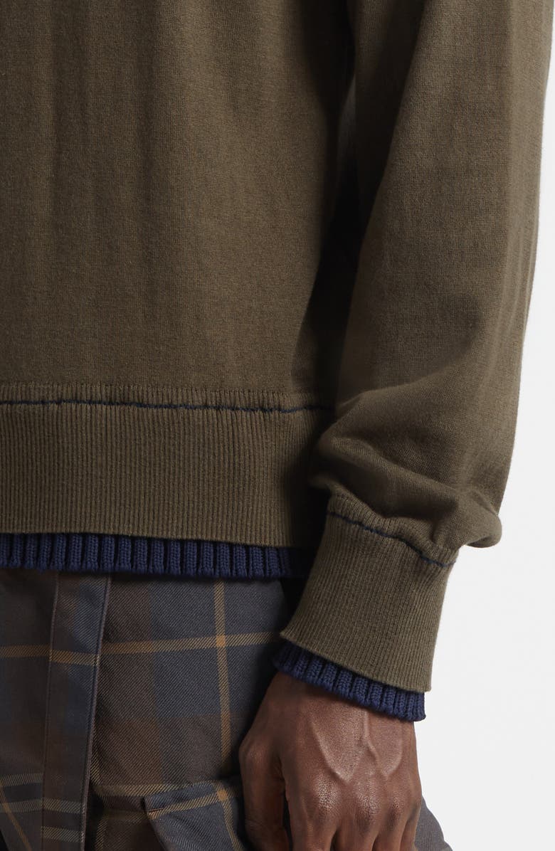Sacai Layered Cotton & Cashmere Crewneck Sweater, Alternate, color, Khaki/ Navy