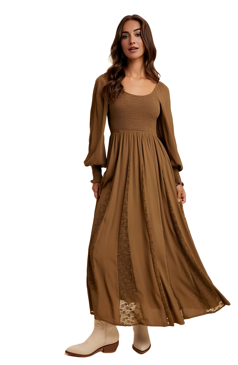 Knit and Lounge Long Sleeve Maxi Dress with Smocked Bodice and Lace Insets, Alternate, color, 