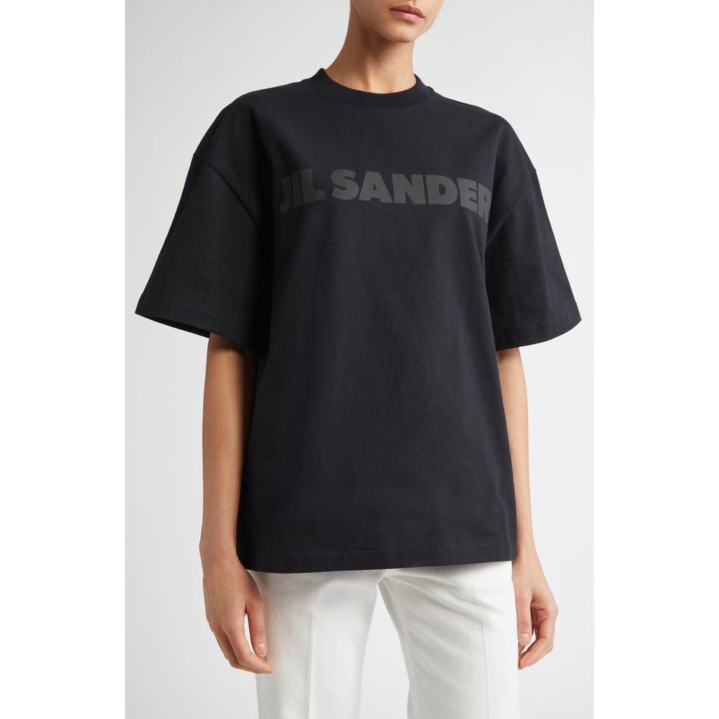 Jil Sander Round Neck Black Cotton T-shirt With Tonal Logo Print In Black
