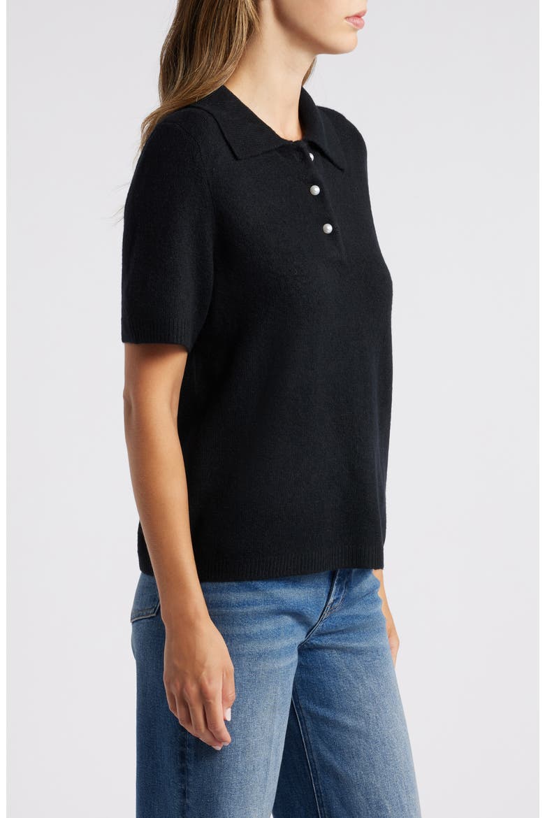 Imitation Pearl Button Polo Sweater, Alternate, color, RICH BLACK