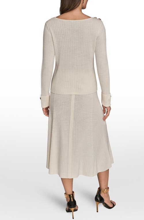 Donna Karan New York Button Shoulder Boat Neck Rib Sweater In White
