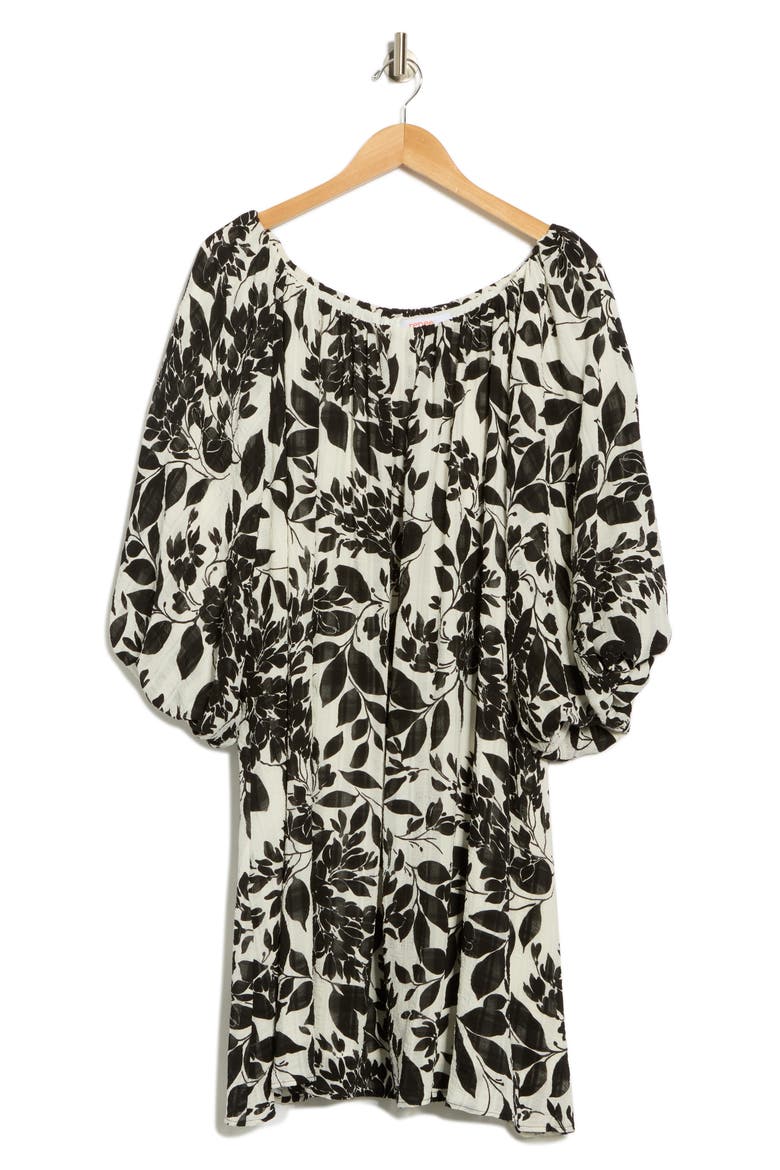 Floral Off the Shoulder Babydoll Dress, Alternate, color, BLACK/ WHITE
