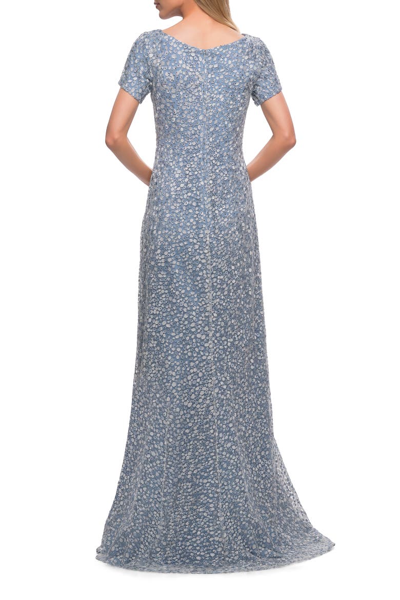 Long Print Lace Dress with Short Sleeves, Alternate, color, Steel Blue