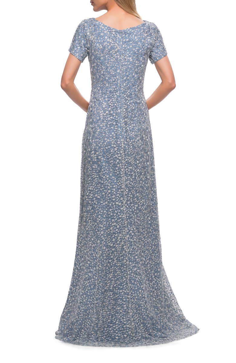 La Femme Long Print Lace Dress with Short Sleeves, Alternate, color, Steel Blue