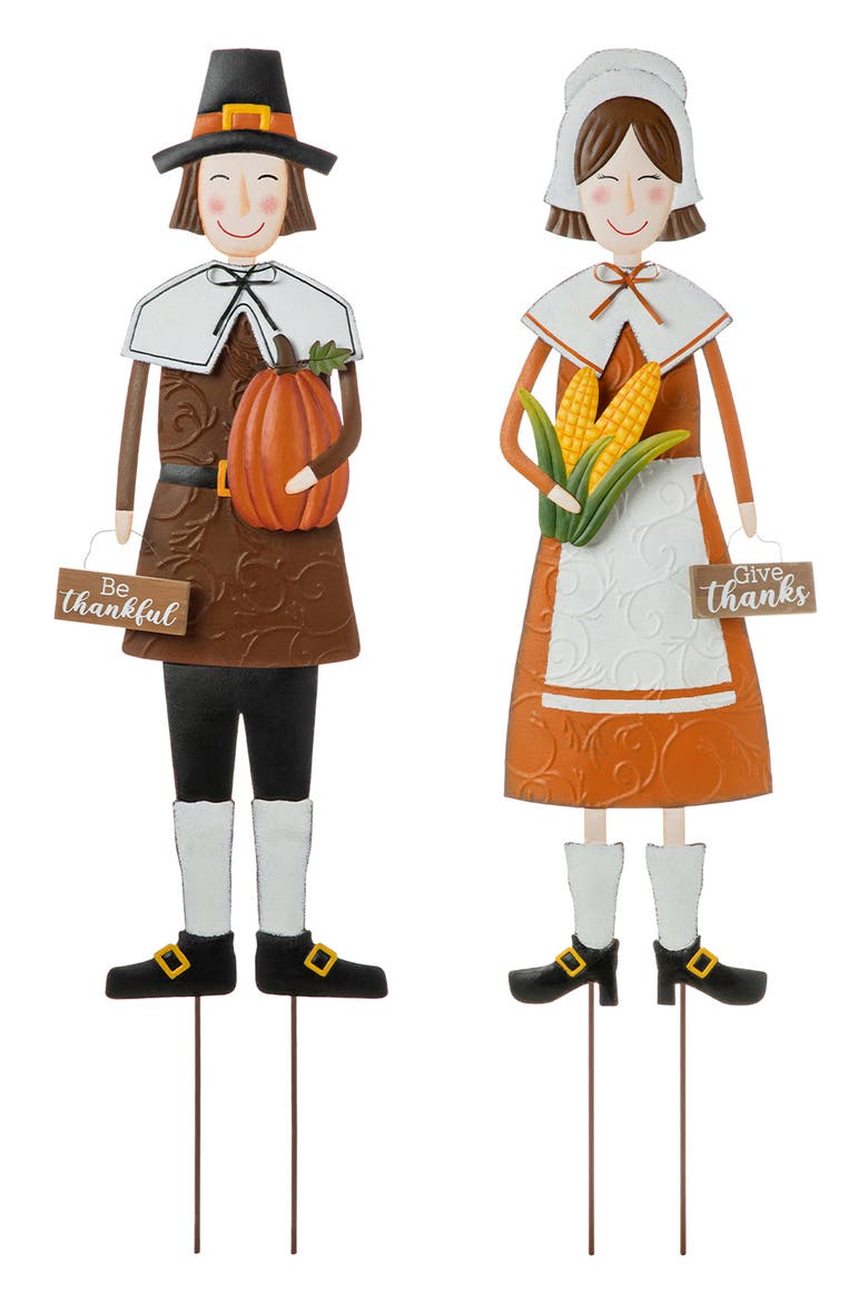 Set of 2 Metal Thanksgiving Pilgrim Yard Stakes, Main, color, Orange