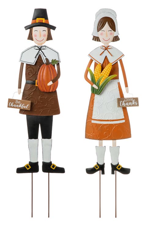 Set of 2 Metal Thanksgiving Pilgrim Yard Stakes