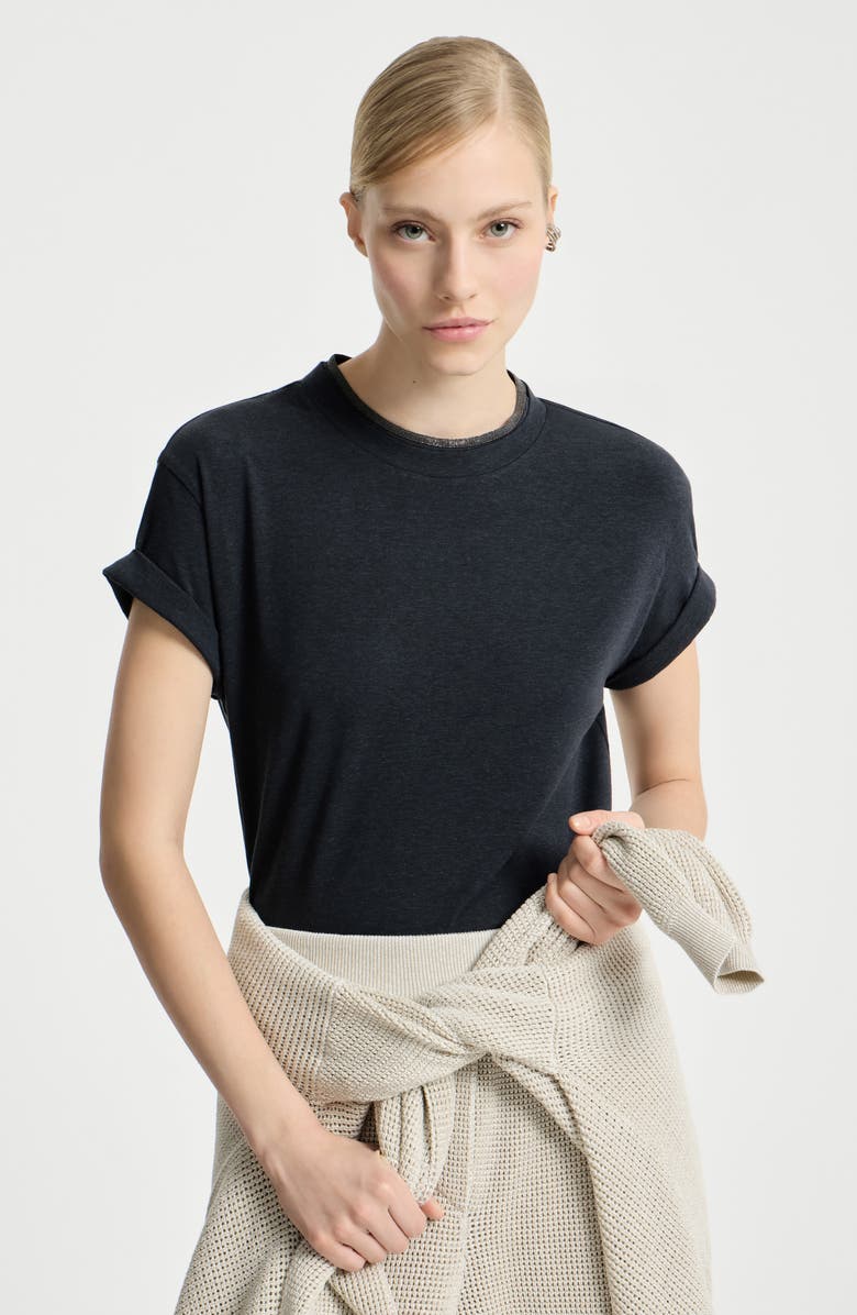 Brunello Cucinelli T-shirt with Precious Faux Layering, Alternate, color, Anthracite