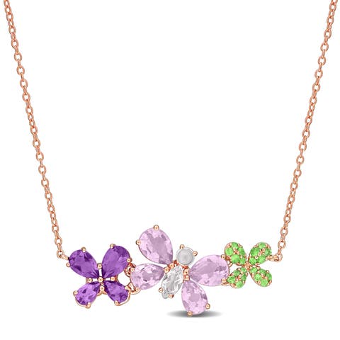 Multi-Gem Butterfly & Flower Necklace Rose Silver