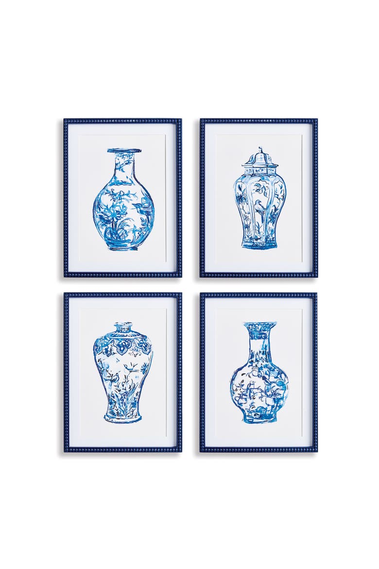 Ornamental Urns In Blue Study Framed Wall Art Set of 4, Main, color, Blue
