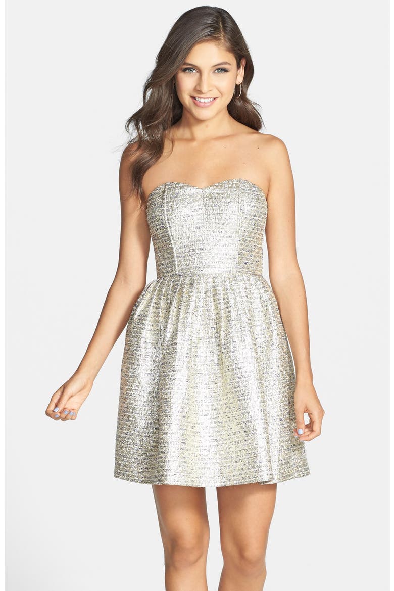 Metallic Strapless Skater Dress, Main, color, GOLD