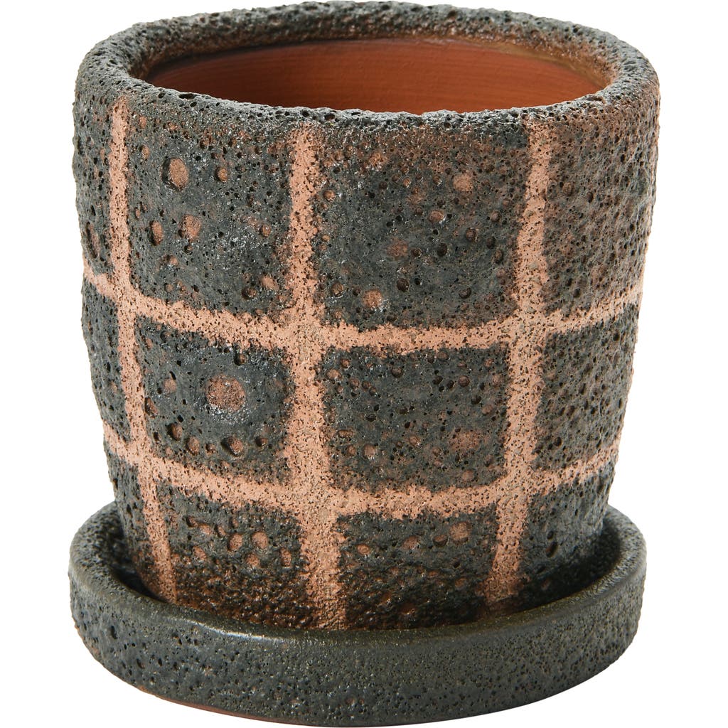 Storied Home Terra-cotta Planter With Saucer & Grid Pattern, Black