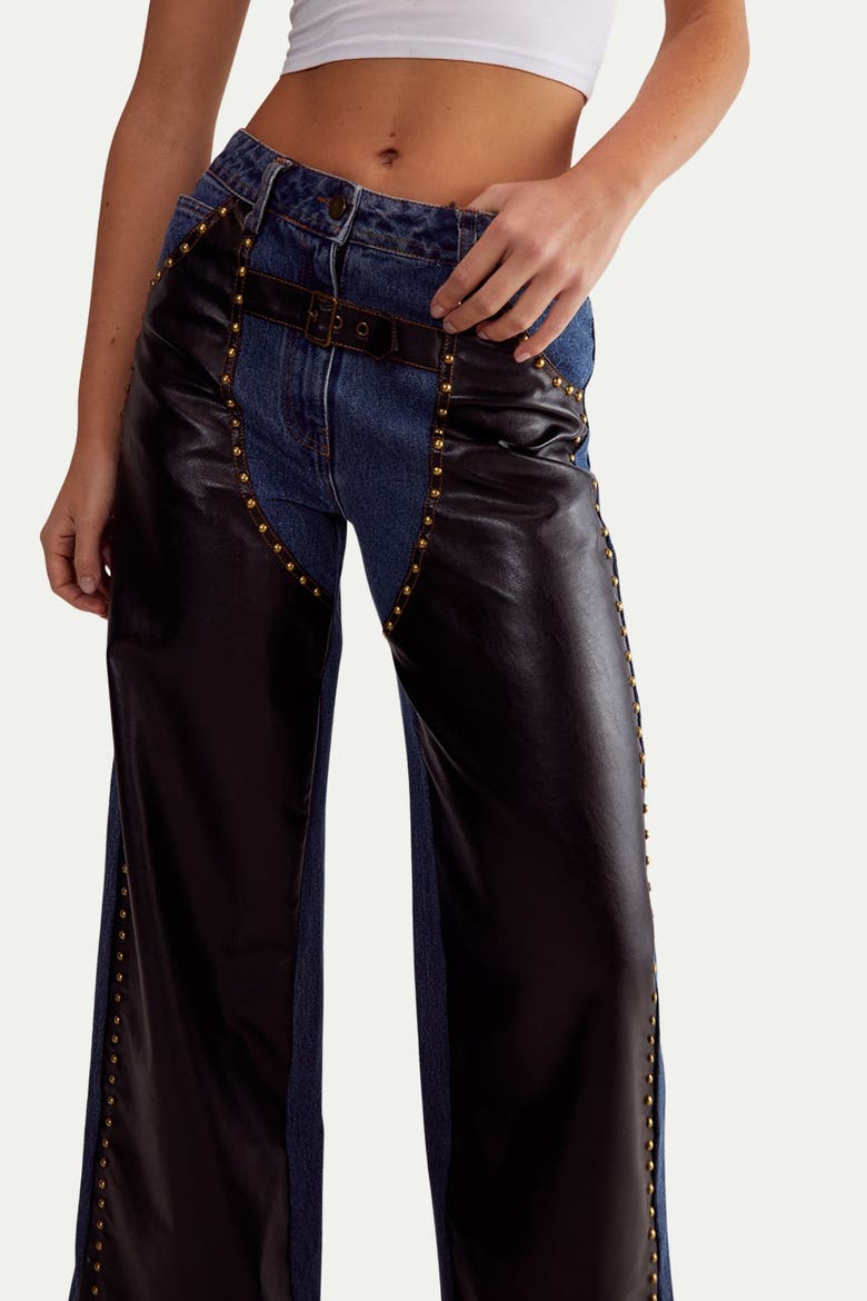 Straight Leg Denim Pu Mix Chap Jeans, Alternate, color, Dark Wash