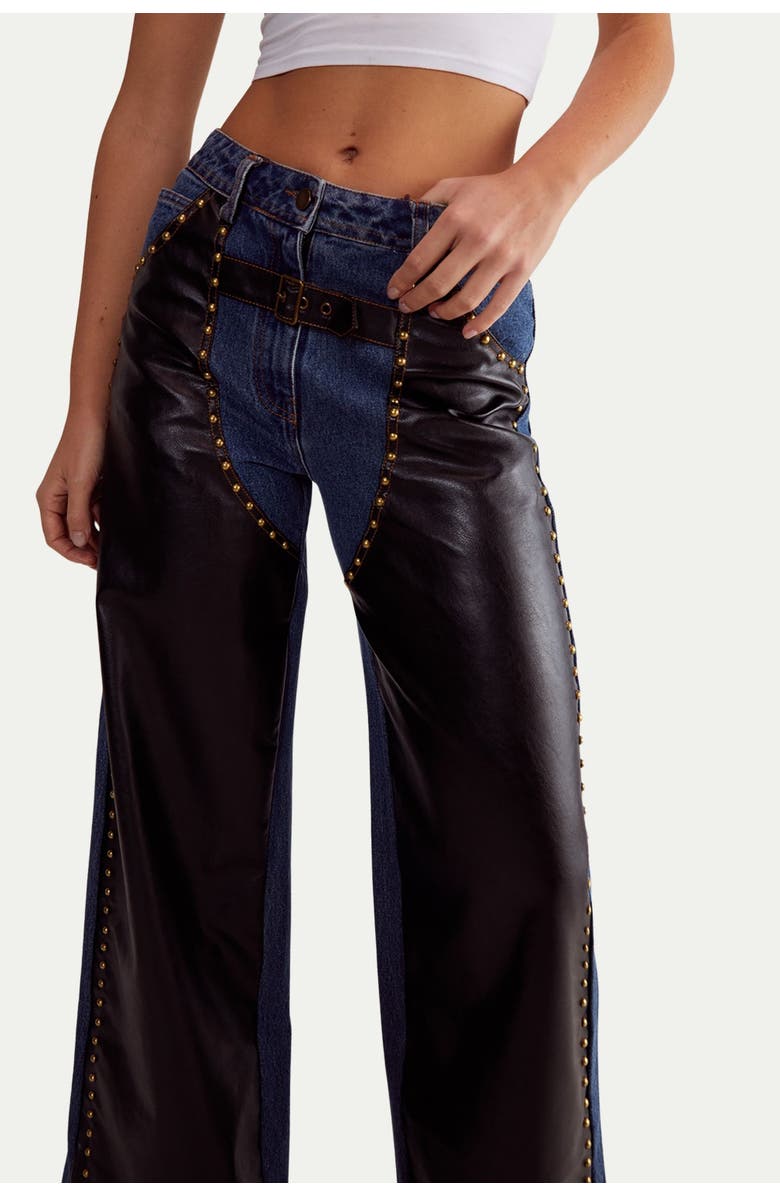 NASTY GAL Straight Leg Denim Pu Mix Chap Jeans, Alternate, color, Dark Wash