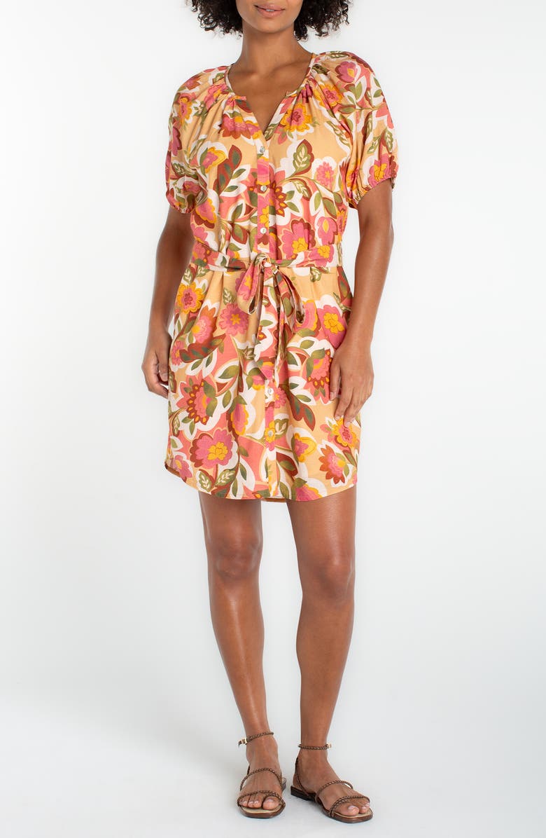 Liverpool Floral Shirred Shirtdress, Main, color, Tan Floral Mlt