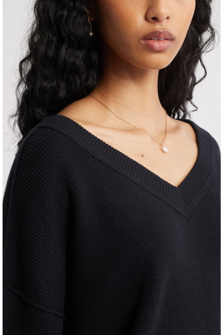 Seamed Oversize V-Neck Rib Sweater, Alternate, color, BLACK