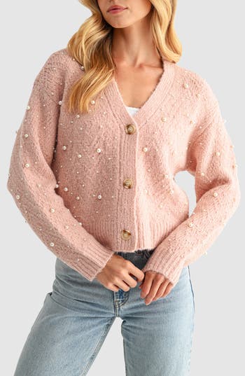 Lush Embellished Cardigan Sweater In Pink