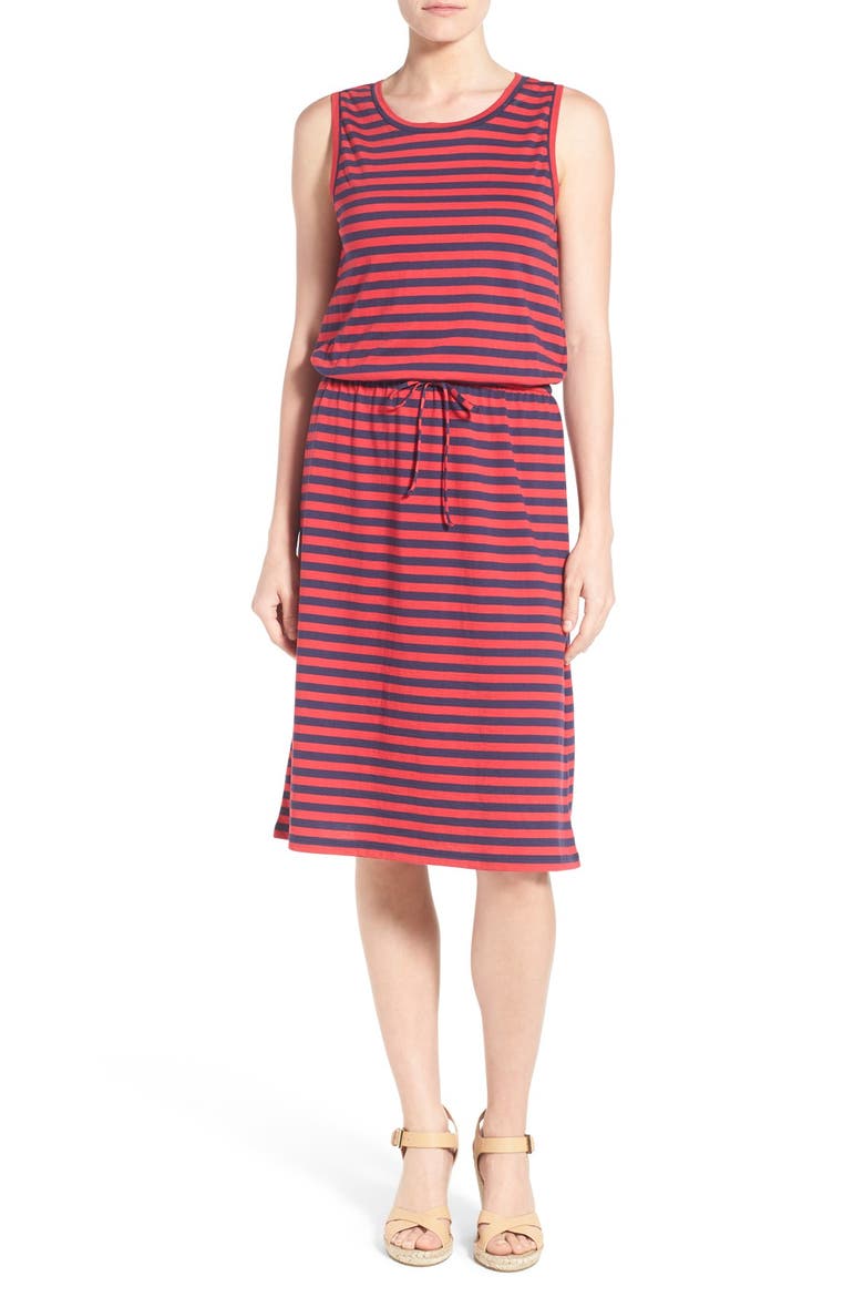 Sleeveless Cotton Blend Knit Drawstring Waist Dress, Main, color, NAVY- RED STRIPE