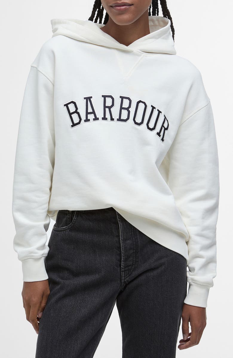 Barbour Northumberland Logo Embroidered Cotton Graphic Hoodie, Main, color, Cloud Navy
