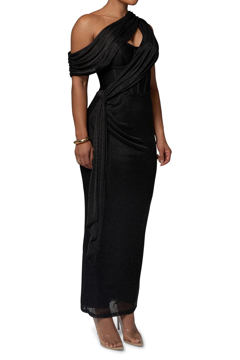 CELESTINA DRAPED MAXI DRESS, Alternate, color, BLACK
