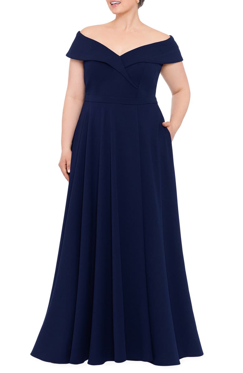 Xscape Evenings Off the Shoulder Scuba Crepe Gown, Alternate, color, 