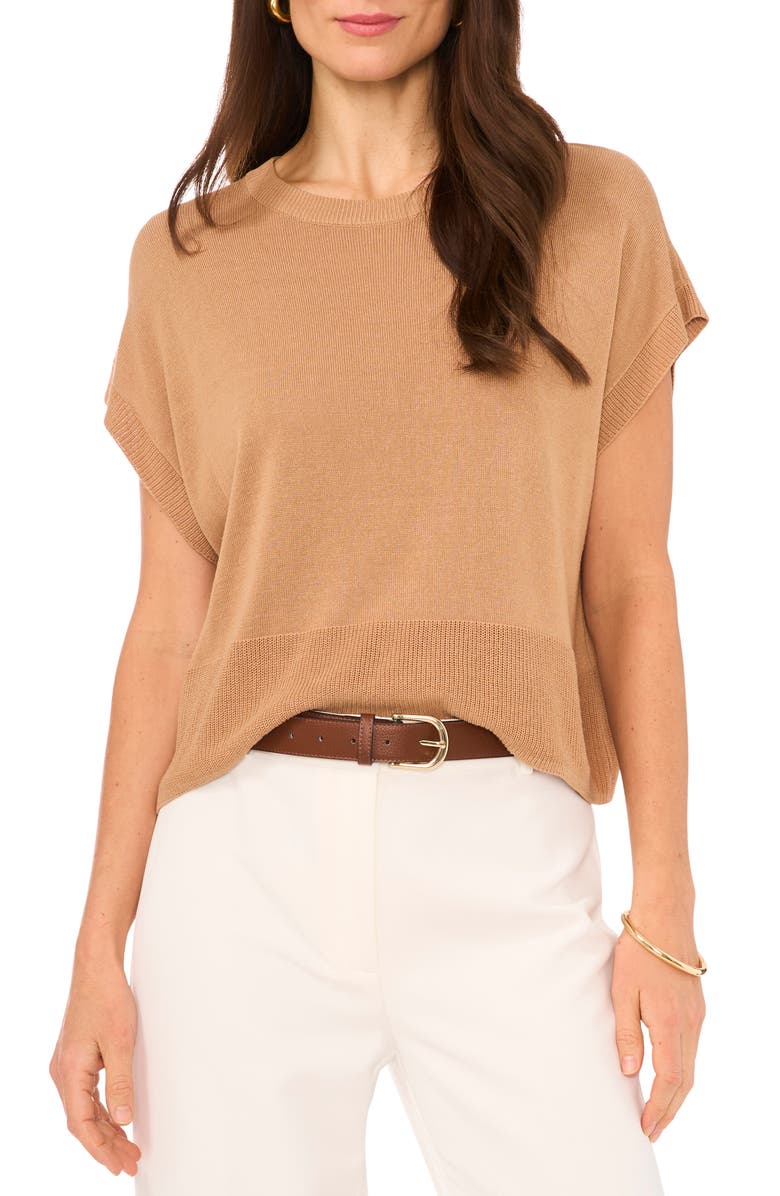 Vince Camuto Short Sleeve Crewneck Sweater, Main, color, Pecan