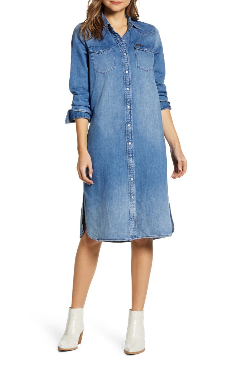 Western Denim Midi Shirtdress, Main, color, FLINT HILL BLUE