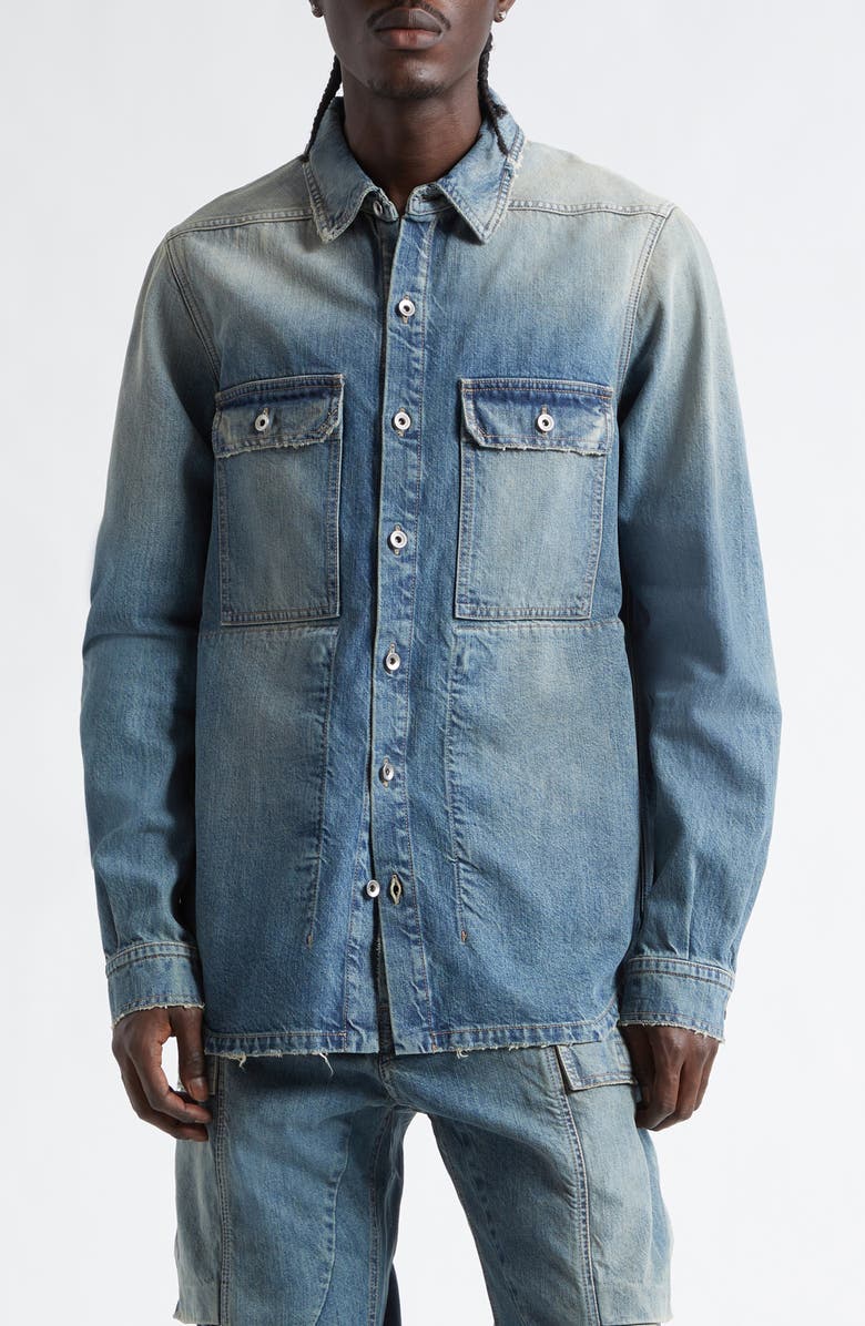 Rick Owens DRKSHDW Distressed Denim Overshirt, Main, color, Washed Indigo