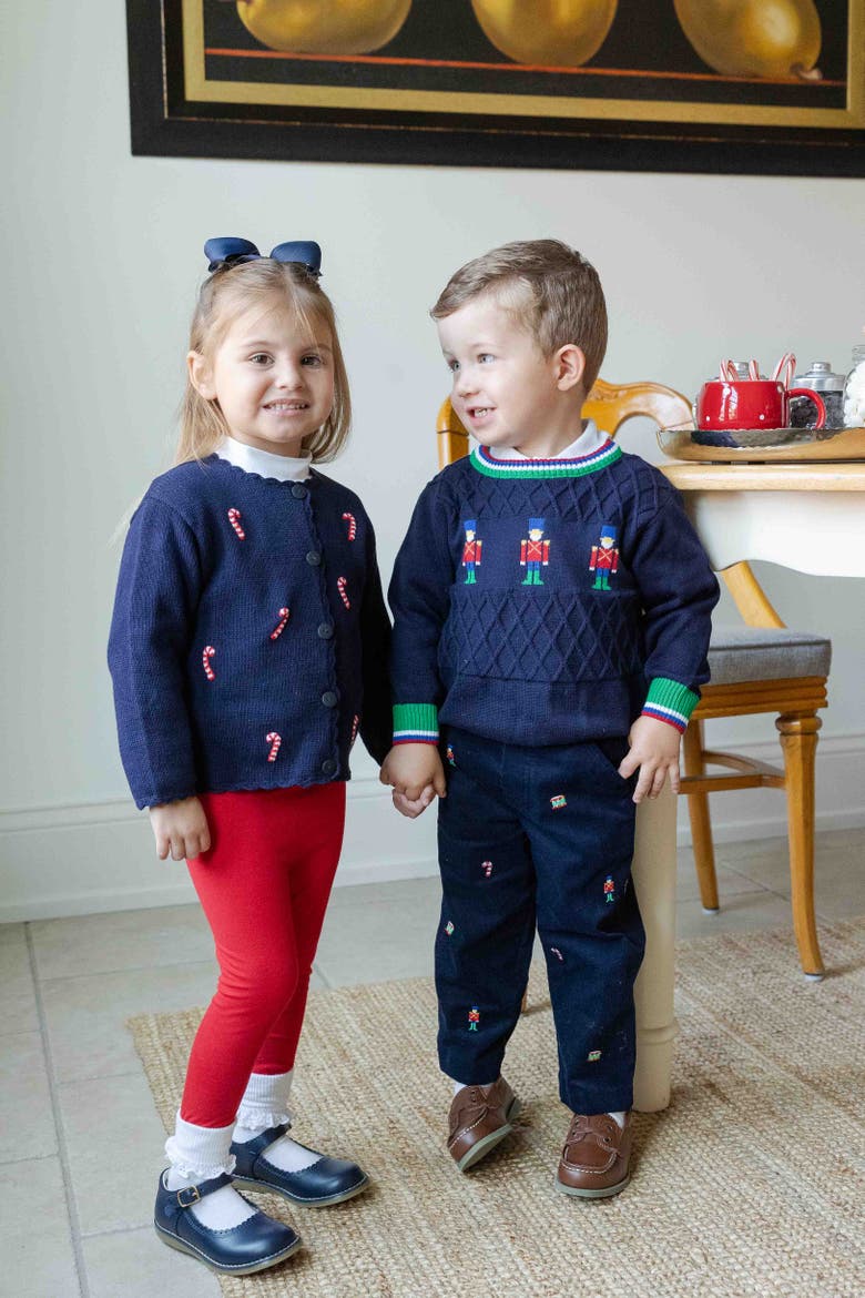 Corduroy Fake Fly Pants With Allover Embroidery, Alternate, color, Navy, Red, Green, White