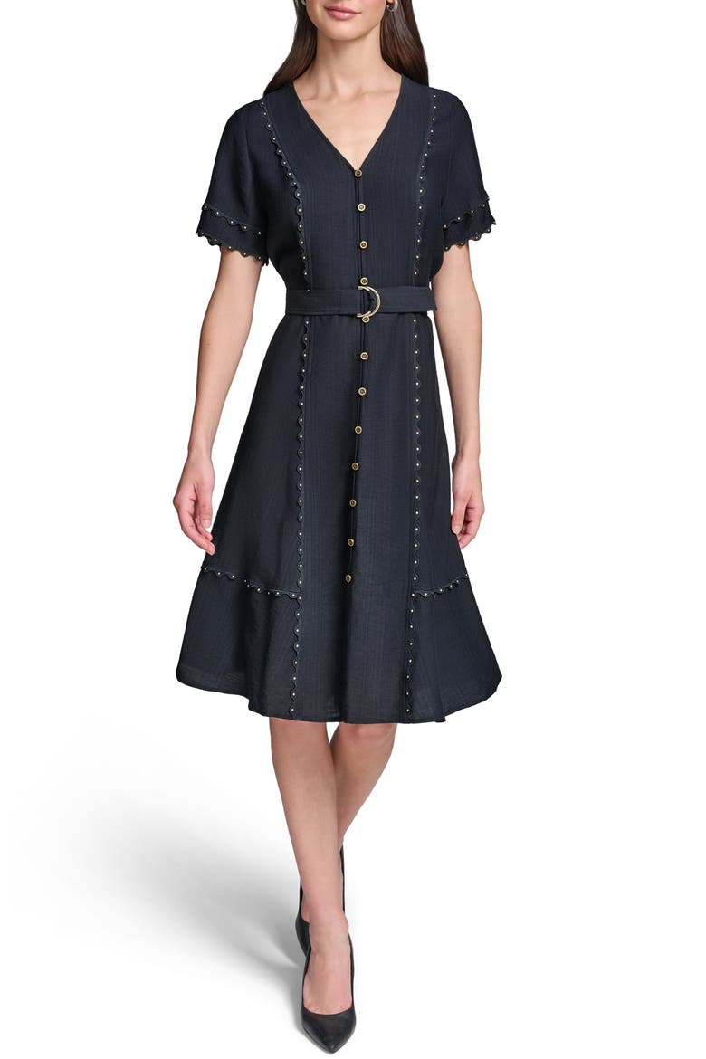 Stud Embellished Belted Button-Up Dress, Main, color, MIDNIGHT NAVY