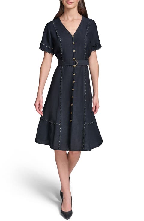 Stud Embellished Belted Button-Up Dress