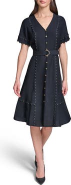 KARL LAGERFELD PARIS Stud Embellished Belted Button-Up Dress